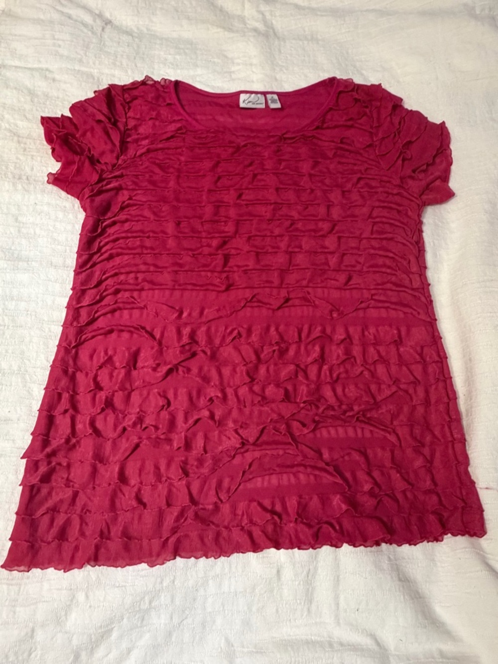 Kim Rogers Ruffle Top Women Medium Raspberry Pink Short Sleeve Stretch Blouse